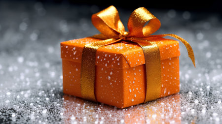Gift box with gold ribbon on a dark background with snow.の素材