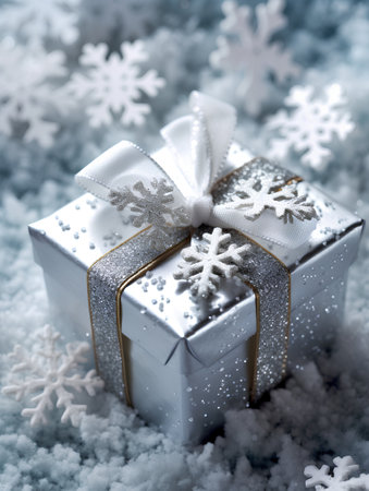 White gift box with silver ribbon and snowflakes on snow backgroundの素材