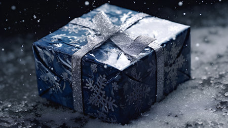 Blue gift box with silver ribbon and snowflakes on black backgroundの素材