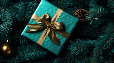 Christmas gift box with gold bow and fir tree branches on dark backgroundの素材