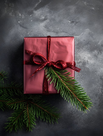 Christmas gift box with red ribbon and fir tree branch on dark backgroundの素材