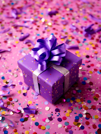 Purple gift box with purple ribbon and confetti on pink backgroundの素材