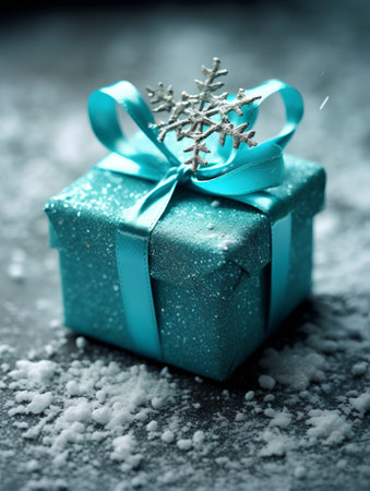 christmas gift box with snowflakes on dark background, closeupの素材