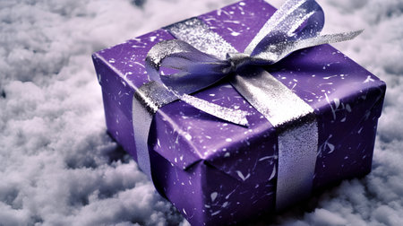 Purple gift box with silver ribbon and bow on snow background.の素材