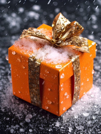 Orange gift box with golden bow and snowflakes on black backgroundの素材