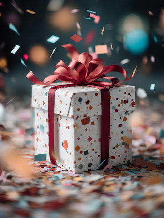 Gift box with red ribbon and confetti on bokeh backgroundの素材