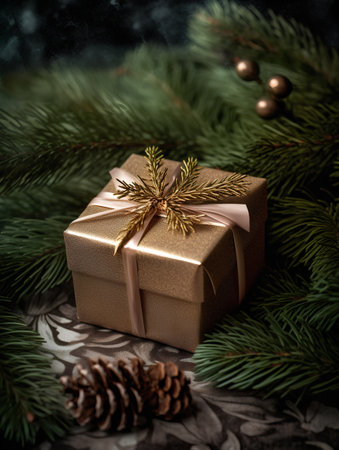 Christmas background with fir branches and golden gift box. Toned.の素材