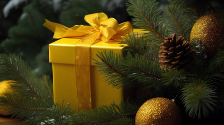 Yellow gift box with yellow ribbon and christmas decoration on fir branchesの素材