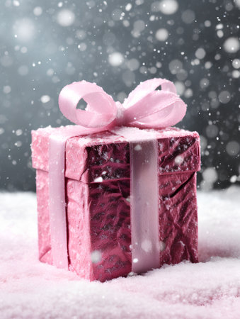 Pink gift box with ribbon and bow on snow. Christmas background.の素材