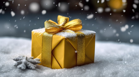 Gift box with golden bow on snow background. Christmas concept.の素材