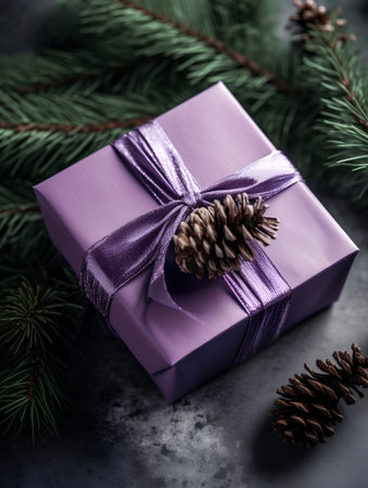 Gift box with purple ribbon and christmas tree branch on stone backgroundの素材