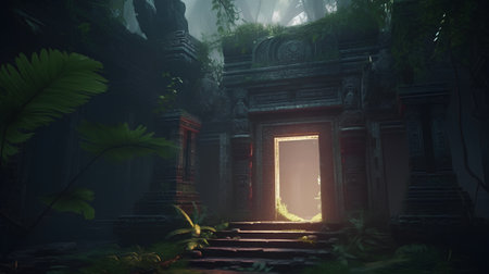Mystical temple door in the jungle. 3D rendering.の素材