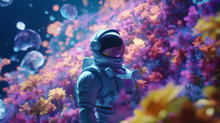 Astronaut in the deep space among flowers. 3D rendering.の素材