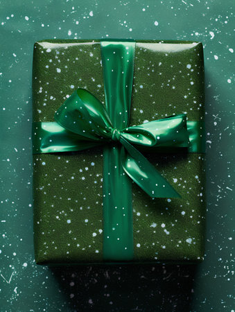 Gift box with green ribbon and snowflakes on green backgroundの素材