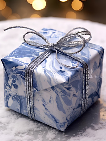Blue gift box with silver ribbon on snow and bokeh backgroundの素材