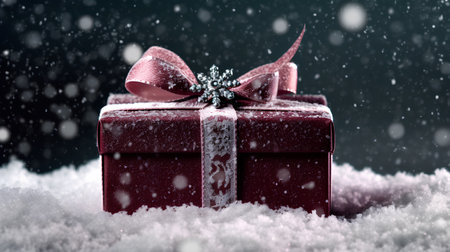 Gift box with bow on snow. Christmas and New Year concept.の素材