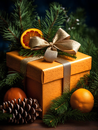Gift box with christmas decoration on wooden background. Selective focus.の素材