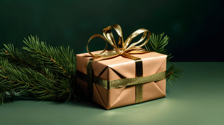 Christmas gift box with golden ribbon and fir branch on dark green backgroundの素材