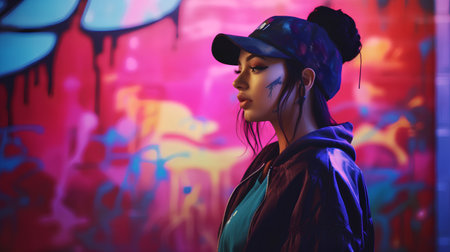 Portrait of a beautiful young girl in a cap. Street style.の素材