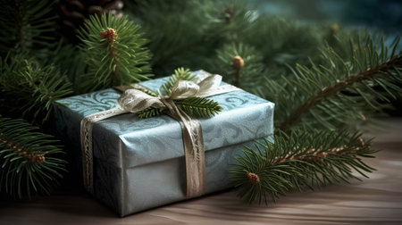 Christmas gift box and fir tree branch on wooden background. Toned.の素材