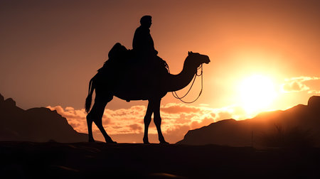 Silhouette of a man riding a camel in the desert at sunsetの素材