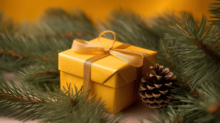 Yellow gift box and pine cone on the background of Christmas tree branchesの素材