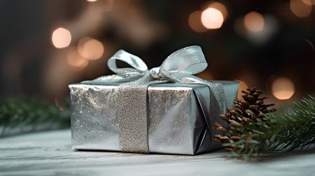 Silver gift box with ribbon and christmas tree branch on bokeh backgroundの素材