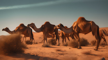 Camels in the Sahara desert, Morocco. Toned image.の素材