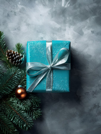 Blue gift box with silver ribbon and christmas tree branch on stone backgroundの素材