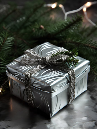 Silver gift box with silver bow and christmas tree branch on dark backgroundの素材