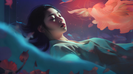 3D illustration of a beautiful asian girl in a kimonoの素材