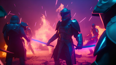 Fantasy scene with knight and fire in the background. Selective focus.の素材