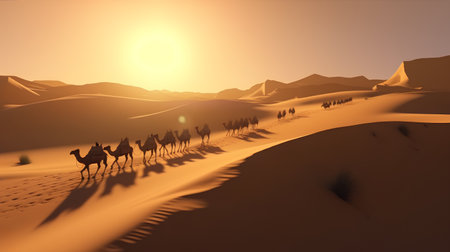 Camel caravan in the Sahara desert at sunset, 3d renderの素材