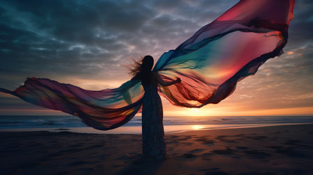 Beautiful woman silhouette flying in the wind on the beach at sunsetの素材