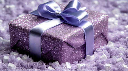 Purple gift box with purple ribbon and white sugar cubes on purple backgroundの素材