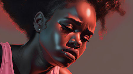 3d rendering of a female face with black skin and red hairの素材