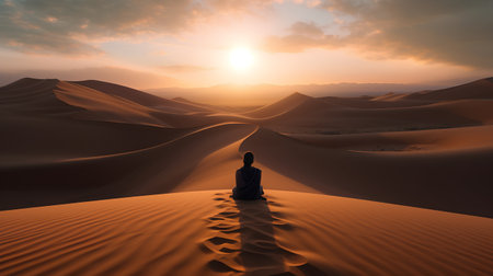 Buddhist monk in the desert. 3D illustration. Sunset.の素材
