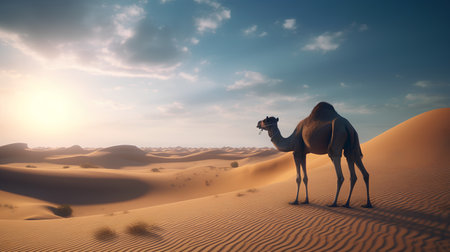 Camel in the Sahara desert at sunset. 3d illustration.の素材