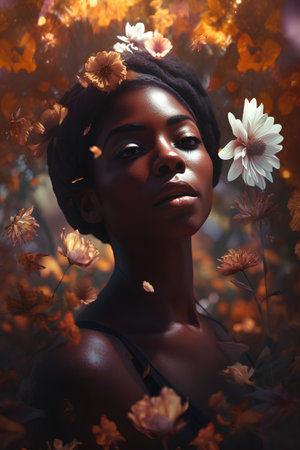 Portrait of a beautiful african american woman in flowers.の素材