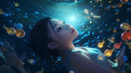 3d illustration of a little girl in a sea of jellyfishの素材