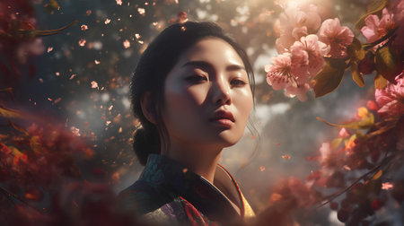 Beautiful asian woman with sakura blossom in the gardenの素材