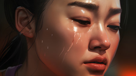 3d rendering of a girl with tears flowing down her face.の素材