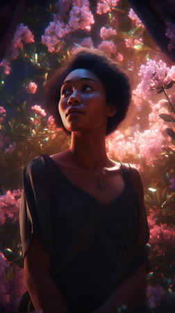 Portrait of a beautiful african american woman in the gardenの素材
