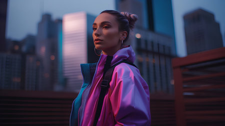 Portrait of a young beautiful woman in a pink jacket on the background of the cityの素材