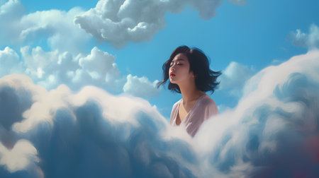 Beautiful asian woman sitting on the cloud in the blue skyの素材
