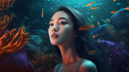 3D Illustration of a beautiful asian girl surrounded by coral reefの素材