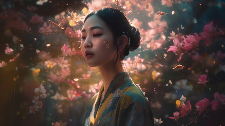 Beautiful asian woman in kimono with cherry blossomの素材