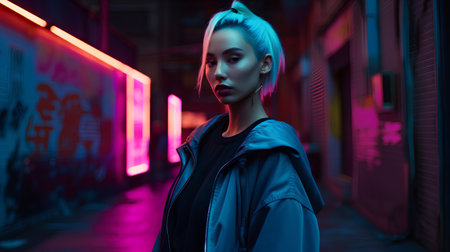 Fashionable young woman in a dark blue coat posing in the street.の素材