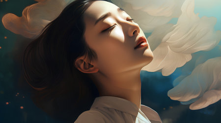 Portrait of a beautiful young woman with closed eyes and smoke in her hairの素材