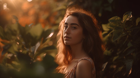 Portrait of a beautiful young girl with red hair in the park.の素材